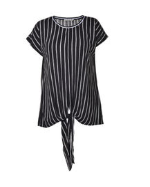 Bow Tie Short Sleeve Women's Striped Tops In Black With Viscose Composition